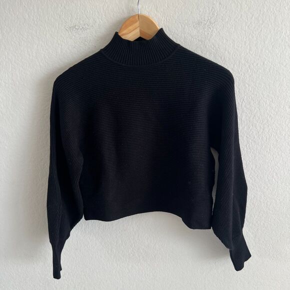 ZARA Black Ribbed Crop Turtleneck Bishop Long Sleeve Sweater Womens Small - Picture 1 of 6